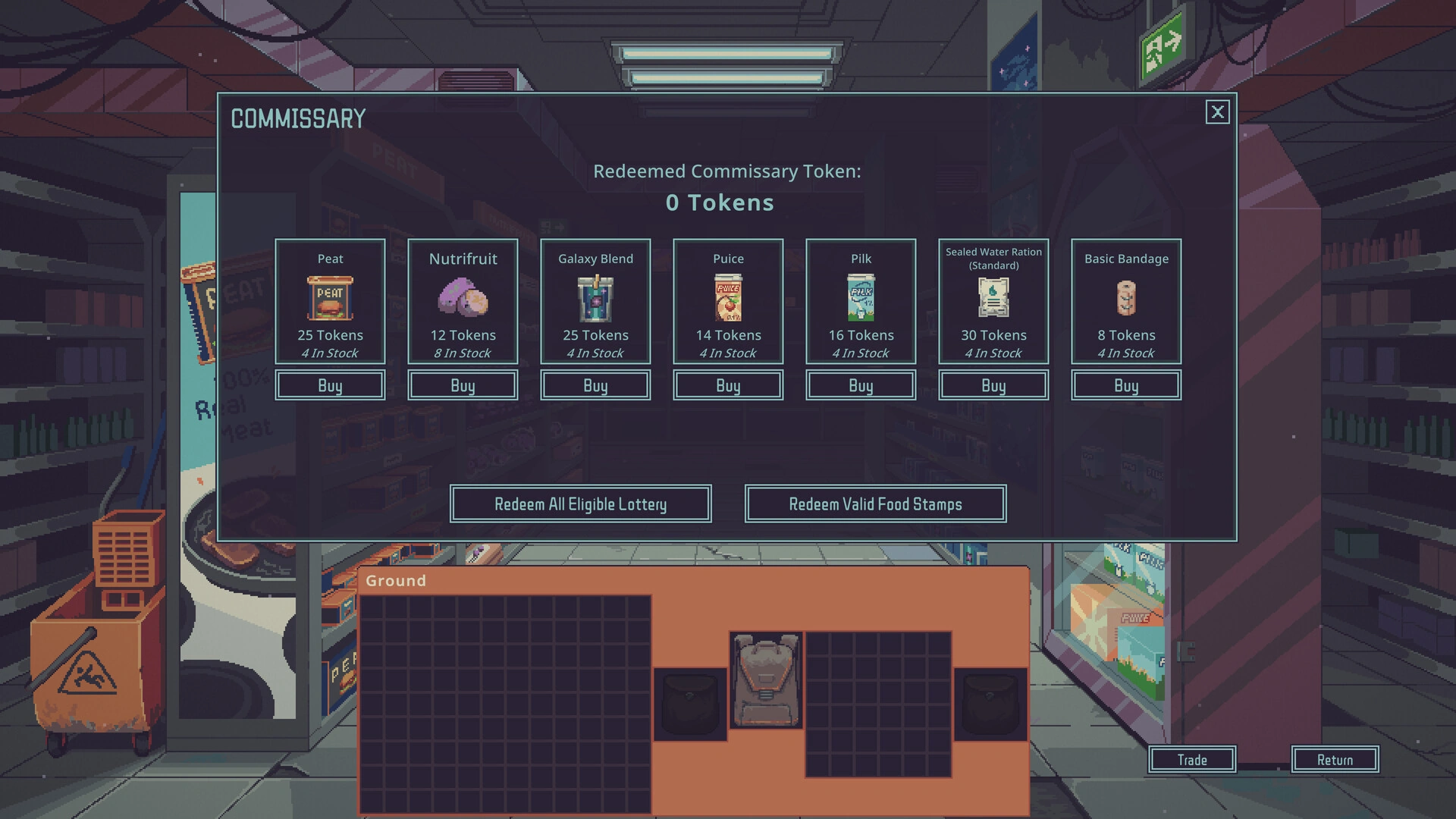 Commissary screen showing lottery redemption controls and inventory slots in Probably Stolen