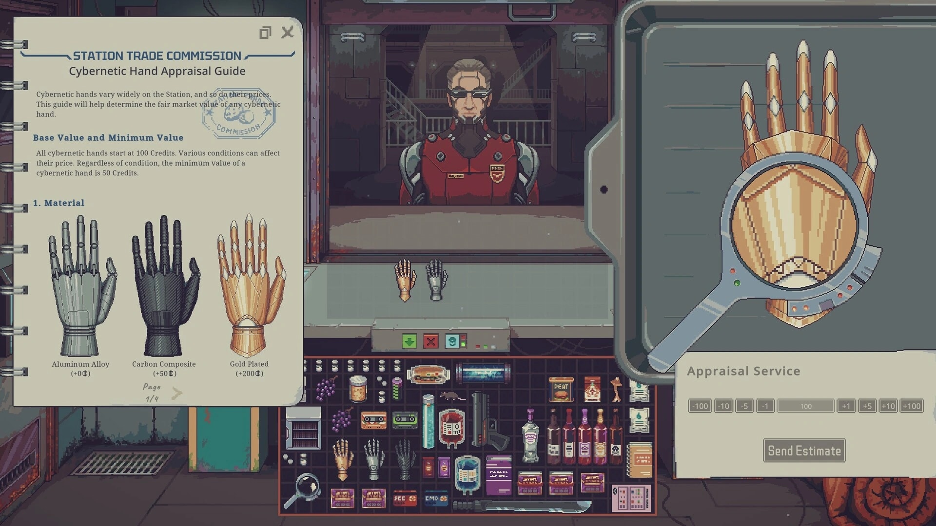 Cybernetic hand inspected in the Probably Stolen appraisal interface