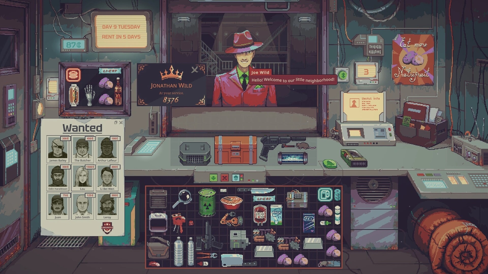 Probably Stolen pawnshop counter with a customer, inventory, cash balance and rent countdown