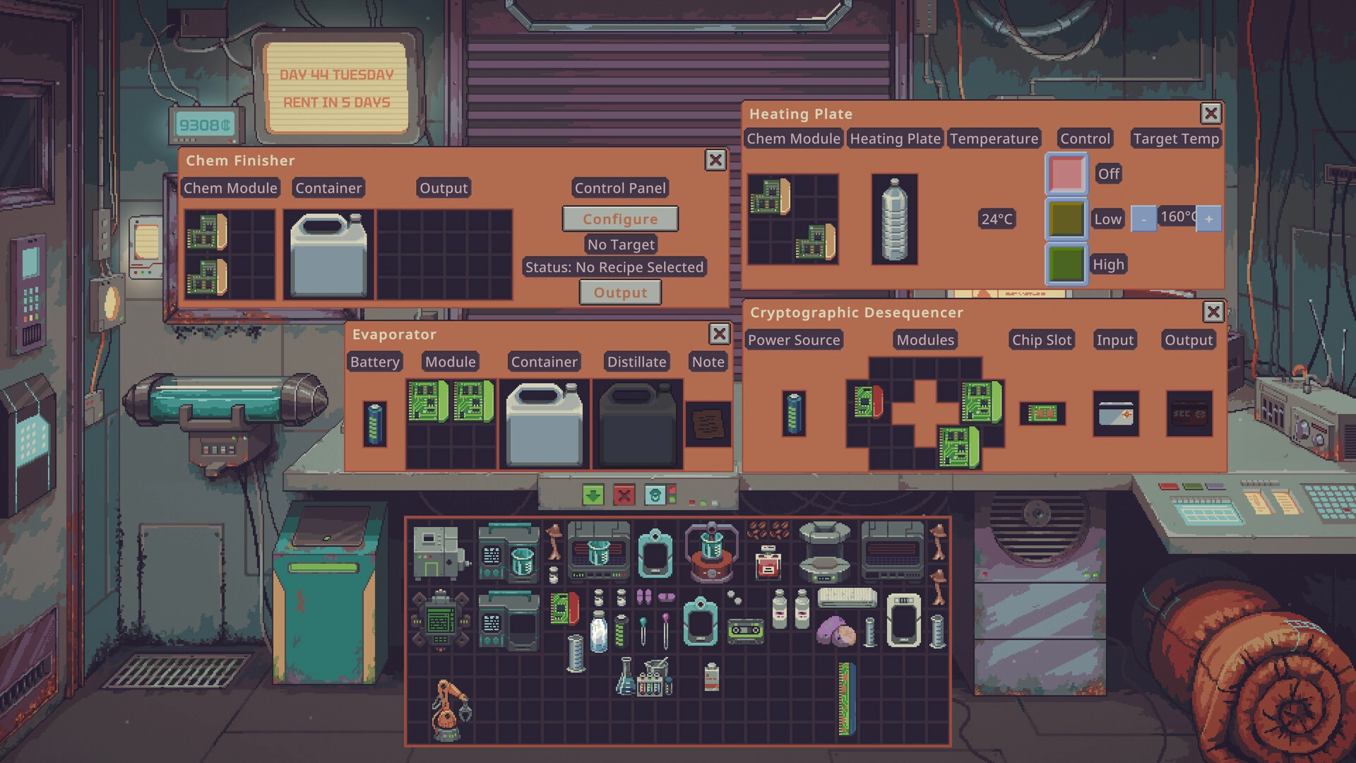 Production machines and recipe panels open inside the Probably Stolen workshop
