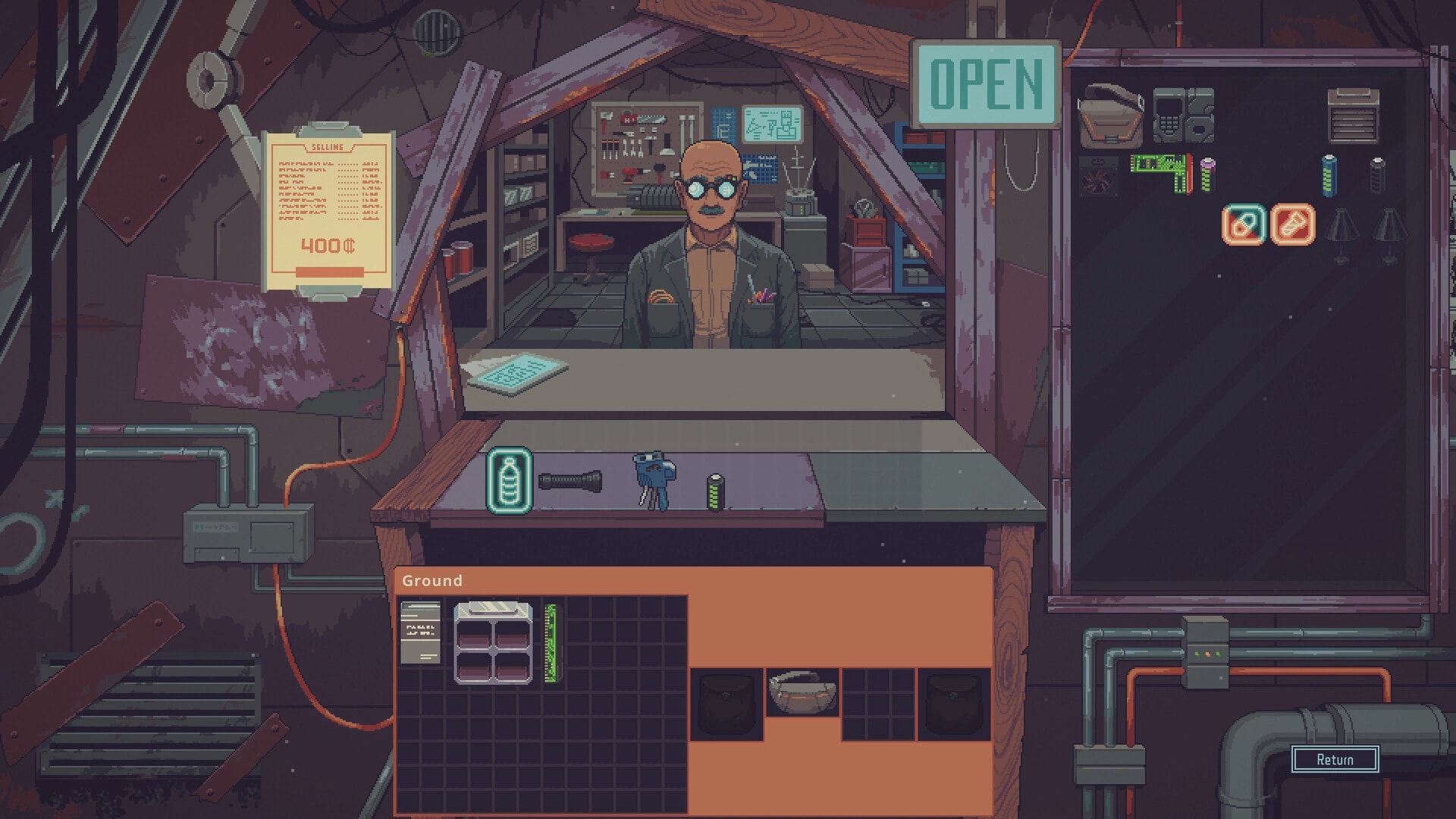 Station shop interface listing goods for sale with stock, price and wallet balance